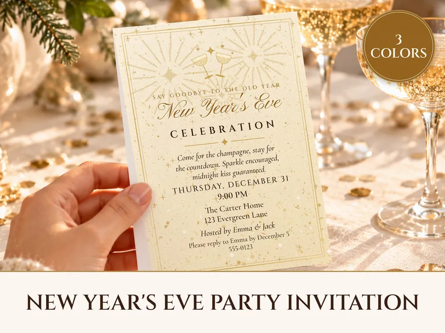 New Year's Eve Party Invitation Printable, Champagne Sparkle NYE Countdown Party Invite 5x7, Instant Download PDF and Phone Text Invite