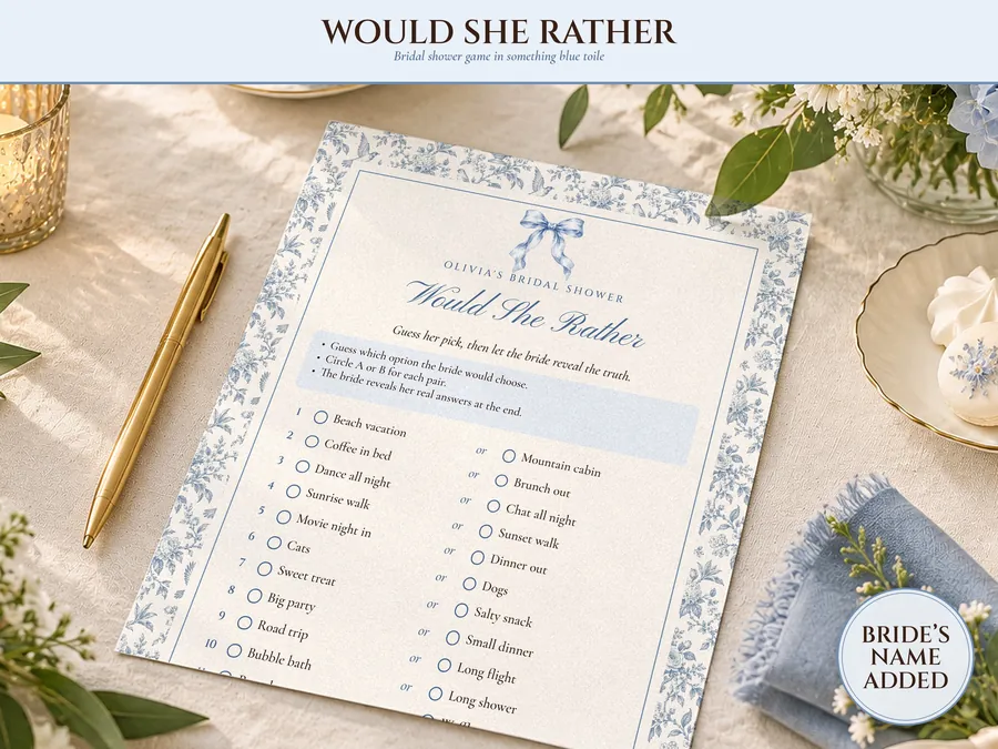 Would She Rather Bridal Shower Game, Something Blue Toile Printable, Bride's Name Added, 5x7 and Letter, Wedding Shower Game