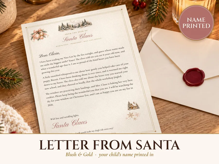Letter from Santa Personalized, Blush and Gold Santa Letter Set, Nice List Certificate, North Pole Envelope, Editable PDF