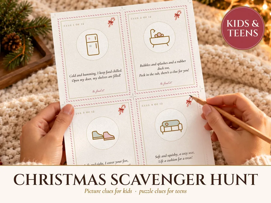 Christmas Scavenger Hunt for Kids and Teens, Indoor Christmas Treasure Hunt Clues, 2 Levels with Answer Key, Printable