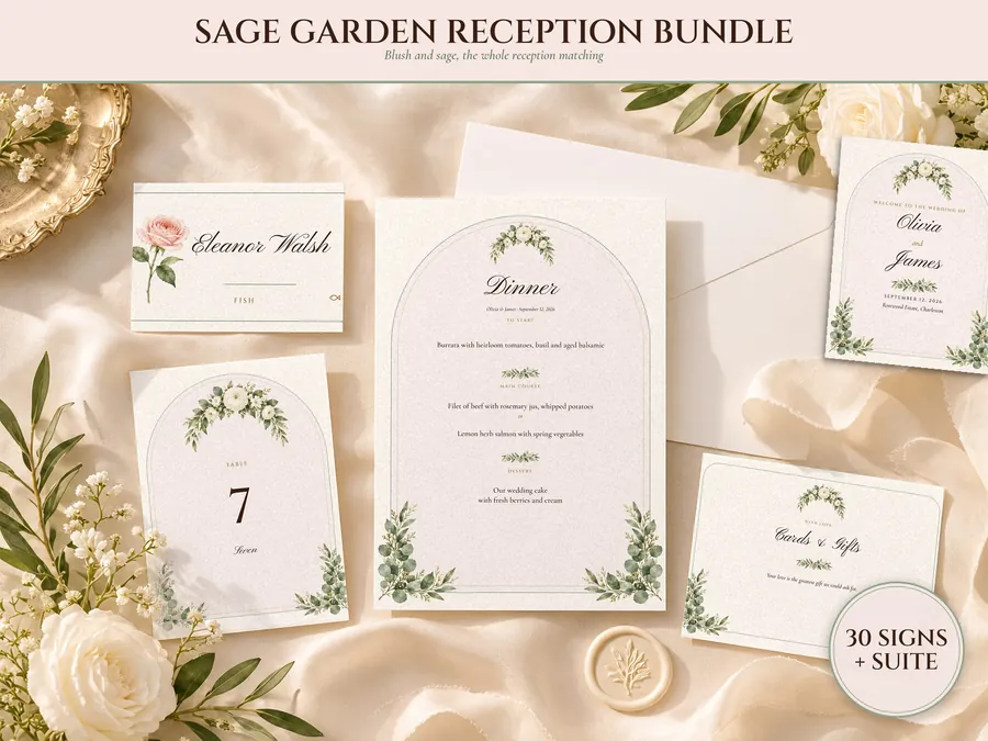 Wedding Sign Bundle, Sage Garden Watercolor Reception Suite with Seating Chart, Place Cards, Welcome Sign and 30 Signs, Names Typeset