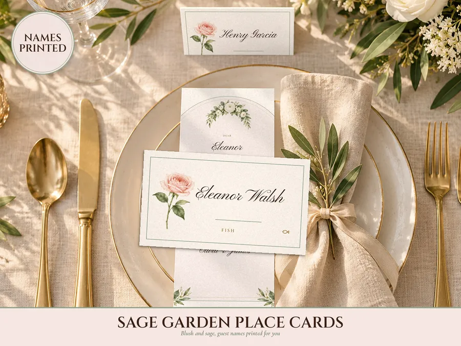 Wedding Place Cards, Guest Names Printed for You, Sage Garden Watercolor Flat and Tent Fold Name Cards, Hanging Guest Tags