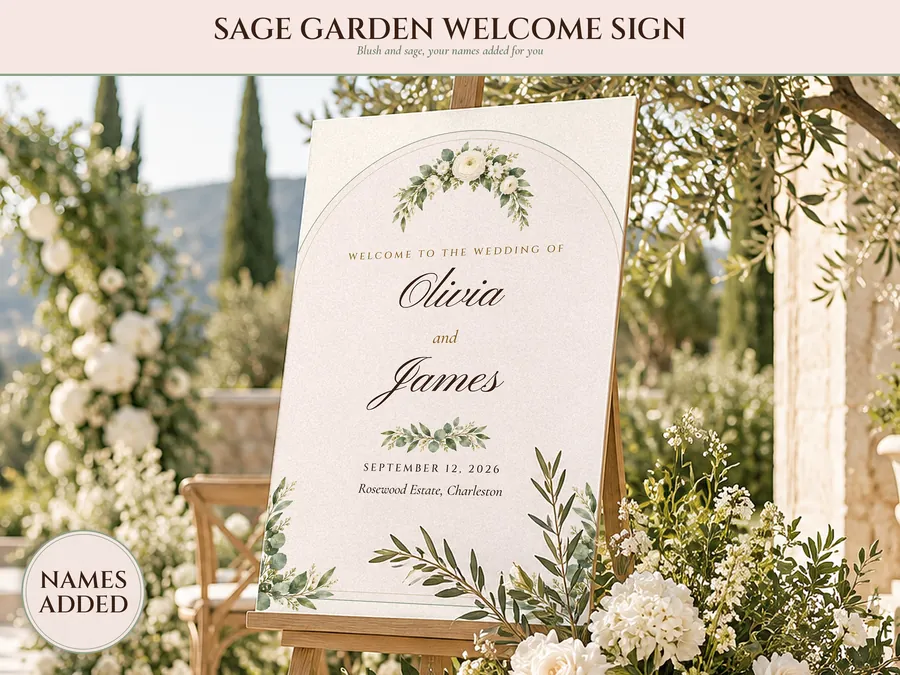 Wedding Welcome Sign Template, Sage Garden Watercolor Welcome to Our Wedding Sign, 18x24 24x36, Names Added for You