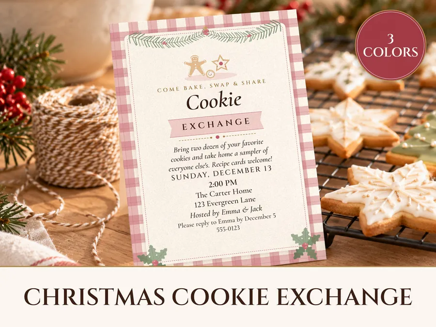 Christmas Cookie Exchange Invitation Printable, Cozy Plaid Cottage, Holiday Cookie Swap Party Invite 5x7