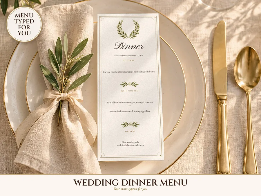 Wedding Menu Template, Old Money Ivory Dinner Menu Card 4x9, Your Menu Typeset for You, Elegant Reception Menu