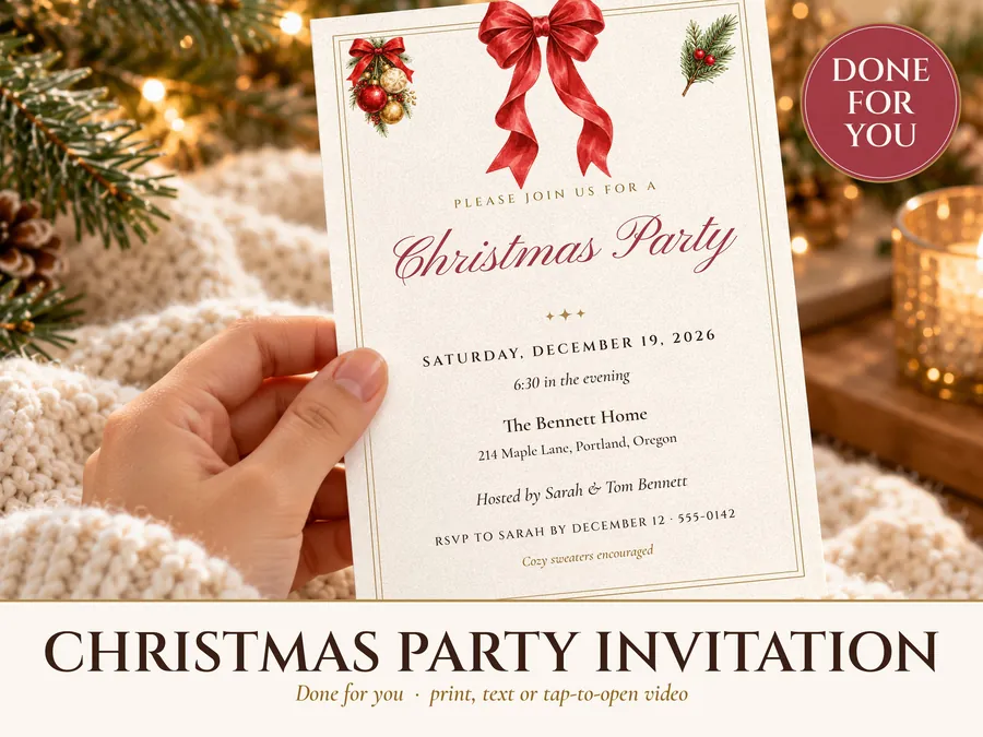 Christmas Party Invitation, Red Bow Holiday Party Invite, Printable and Phone Text Invitation, Done for You, Editable 5x7