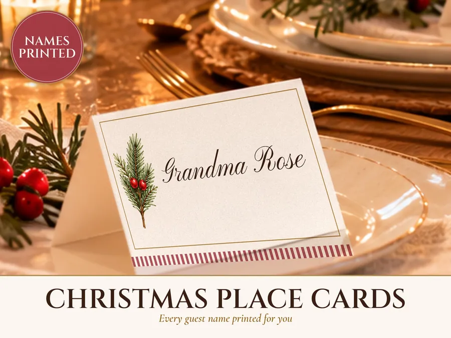Christmas Place Cards with Names Printed, Holiday Table Name Cards, Flat and Tent Fold, Food Labels, Printable Dinner Decor
