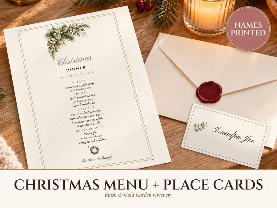 Christmas Menu Template with Place Cards, Blush and Gold Holiday Dinner Menu, Names Printed for You, Elegant Table Set