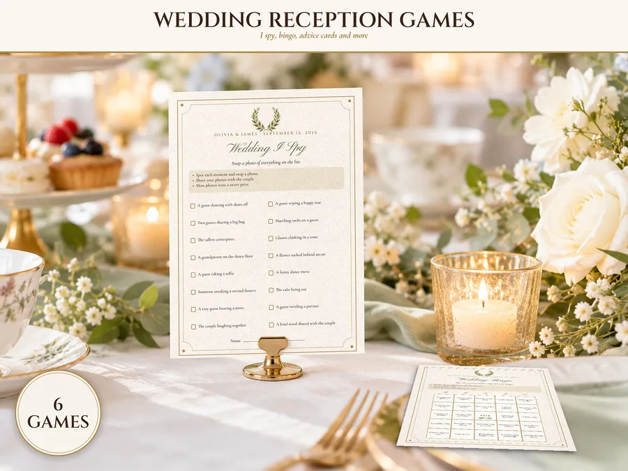 Wedding Reception Games Bundle, Printable Table Games with I Spy, Bingo and Advice Cards, Wedding Guest Activities, Names Added