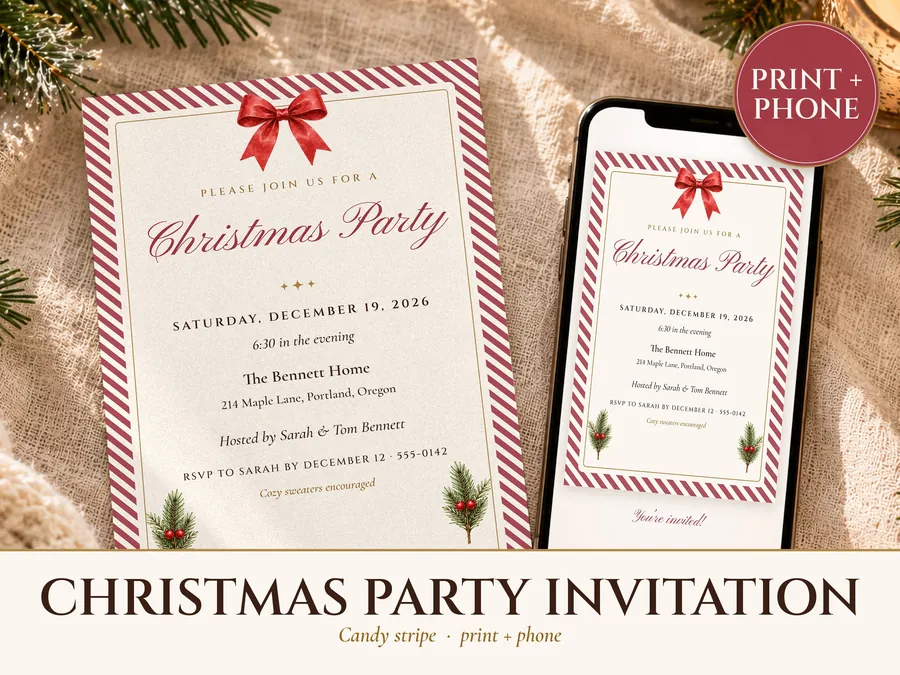 Christmas Party Invitation, Candy Stripe Holiday Party Invite, Vintage Christmas Dinner Invite, Printable and Phone, 5x7