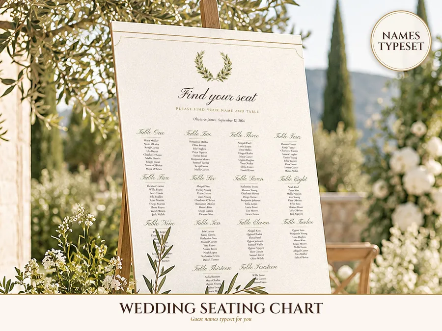 Wedding Seating Chart Template, Guest Names Typeset for You, Old Money Ivory Find Your Seat Cards and Sign, 18x24 24x36