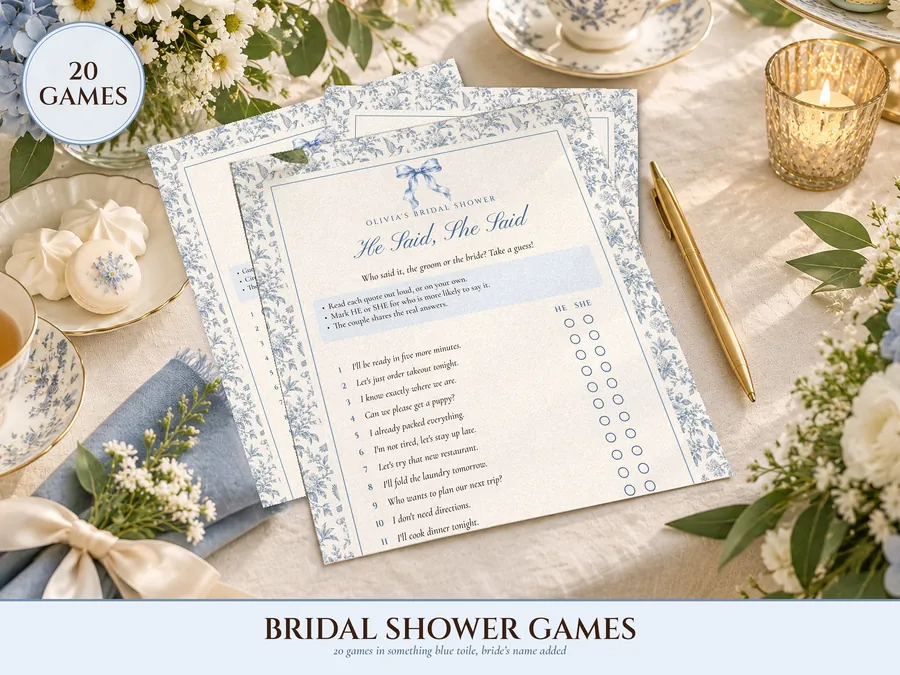 Bridal Shower Games Bundle, 20 Printable Games, Something Blue Toile, Bride's Name Added for You, Would She Rather and Bingo