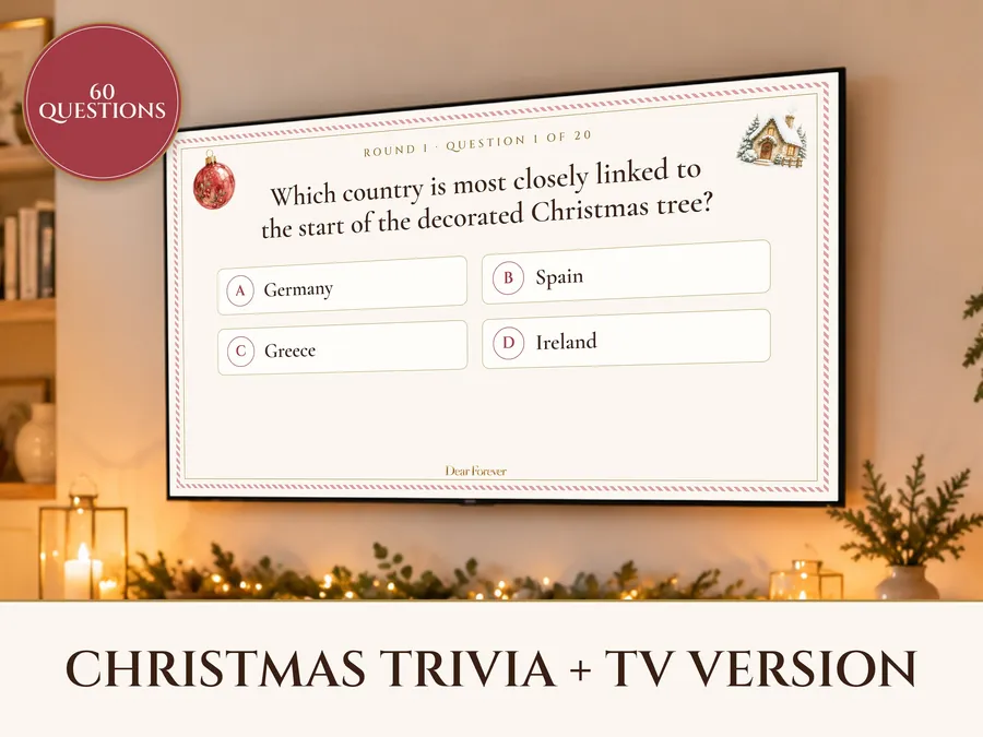 Christmas Trivia Game Printable and TV Version, 60 Questions with Answers, Holiday Party Game for Office, Family and Adults