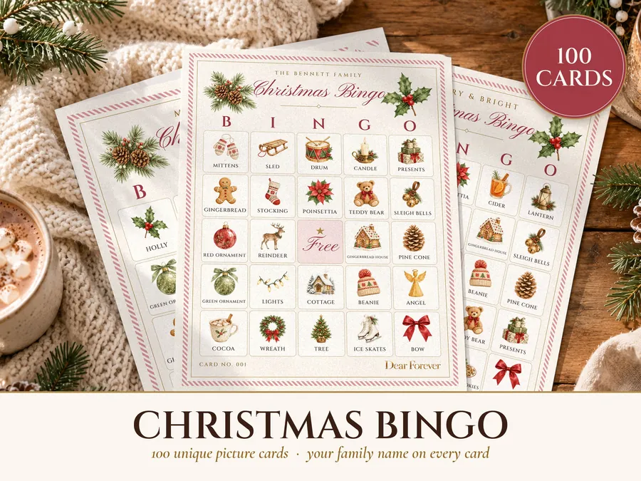 Christmas Bingo Printable, 100 Bingo Cards with Calling Cards, Family and Kids Christmas Party Game, Classroom Holiday Activity