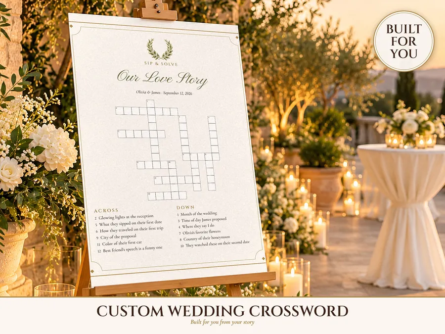 Custom Wedding Crossword Puzzle Built for You, Couple Crossword Sign and 5x7 Guest Cards, Sip and Solve Wedding Game
