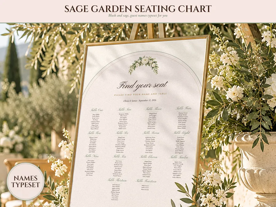 Wedding Seating Chart Template, Guest Names Typeset for You, Sage Garden Watercolor Find Your Seat Cards and Sign, 18x24 24x36