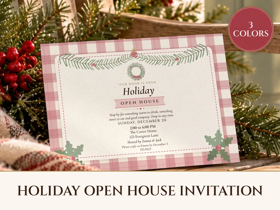 Holiday Open House Invitation Printable, Cozy Plaid Cottage, Christmas Open House Invite 5x7, Drop In Party