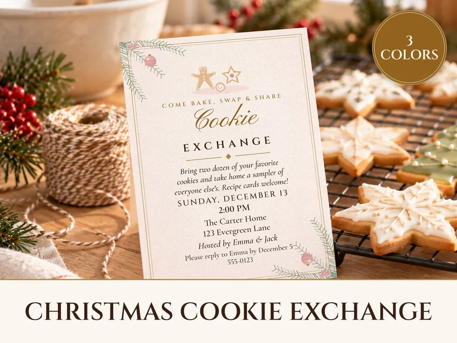 Christmas Cookie Exchange Invitation Printable, Elegant Ivory & Gold, Holiday Cookie Swap Party Invite 5x7