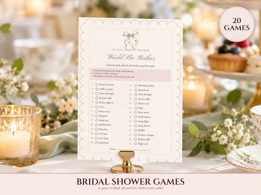 Bridal Shower Games Bundle, 20 Minimalist Printable Games with Blush Bow, Modern Bridal Shower Activity, Bride's Name Added