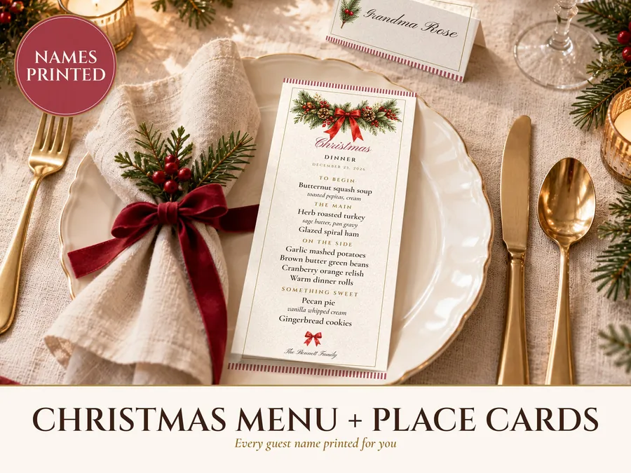 Christmas Dinner Menu and Place Cards Set, Guest Names Printed for You, Holiday Table Menu 4x9, Editable PDF Printable