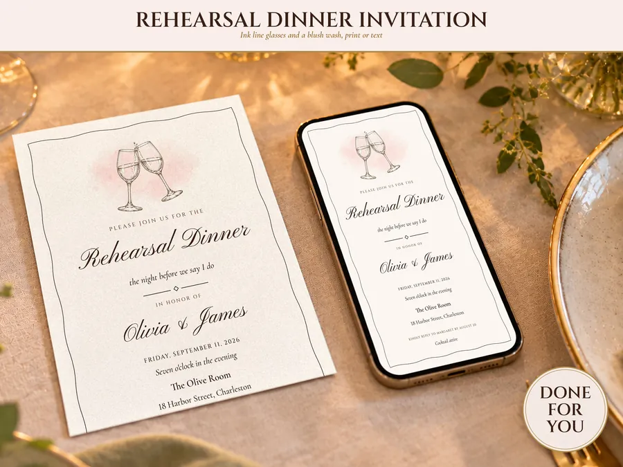 Rehearsal Dinner Invite, Ink Line Wine Glass Night Before Wedding Invitation, Phone and 5x7 Printable, Done for You