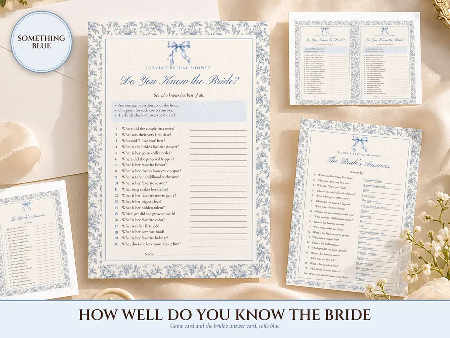 How Well Do You Know the Bride Game, Bridal Shower Trivia Printable, Something Blue Toile, Bride's Name Added, 5x7 and Letter
