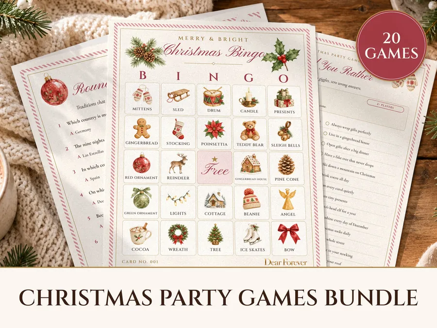 Christmas Party Games Bundle, 20 Printable Games with Bingo, Trivia and Scavenger Hunt, Holiday Games for Adults, Kids and Office