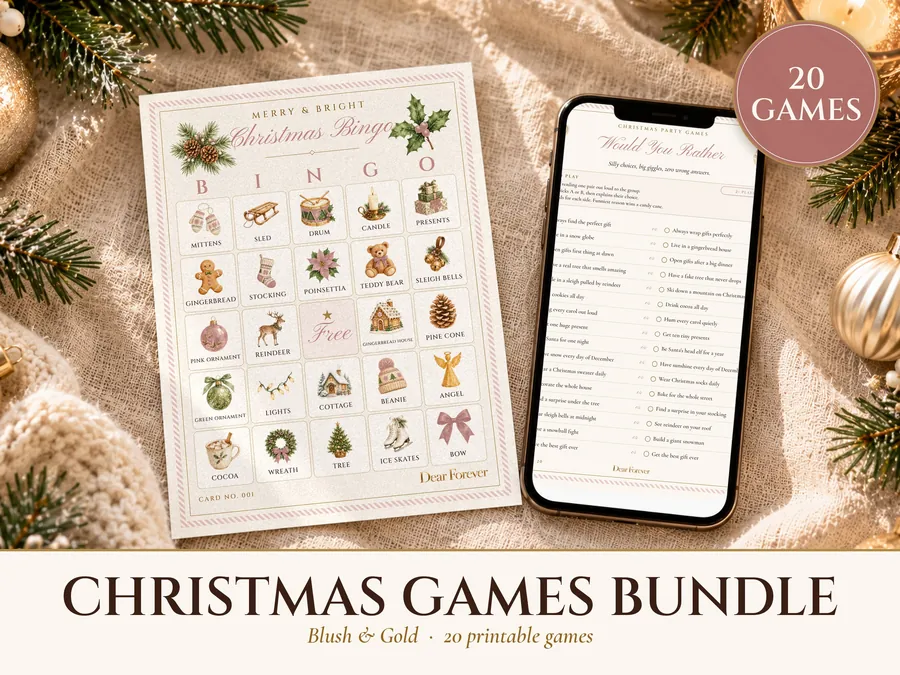 Christmas Party Games Bundle, 20 Printable Games, Blush and Gold Holiday Bingo, Trivia and Scavenger Hunt for Adults and Kids