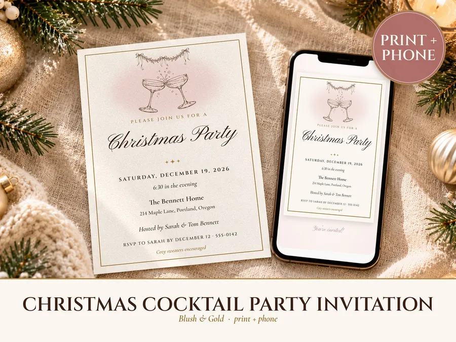 Christmas Cocktail Party Invitation, Blush and Gold Holiday Party Invite, Ink Line Coupe, Printable and Phone Invite 5x7